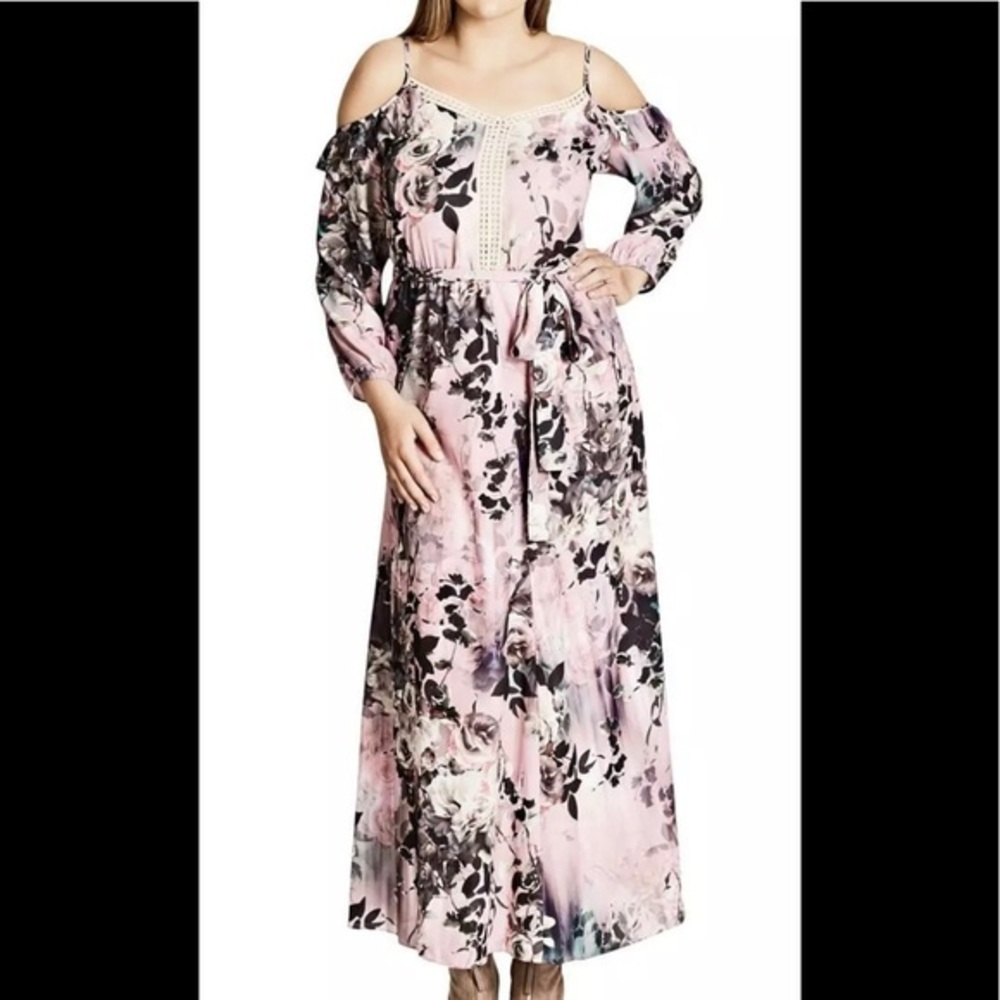 Women’s Dress Size 16 Cold Shoulder Long Sleeve Pink Black Tie Waist City Chic